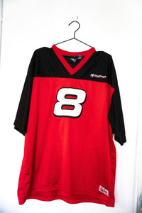 Red and black Big Dogs mesh football jersey number 8 with St Bernard mascot logo and black shoulder yoke size XXL