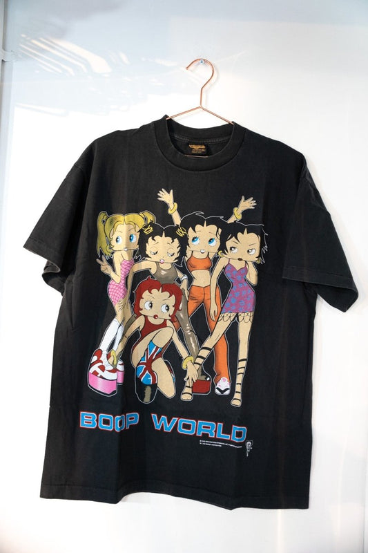 Black Changes Boop World Betty Boop tee with five Betty Boop characters in different outfits hair colors group pose blue pink BOOP WORLD text size Large