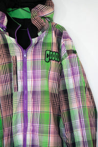 Coogi reversible plaid hoodie windbreaker jacket, size 4XL, Y2K era, shown from back view displaying logo and plaid pattern