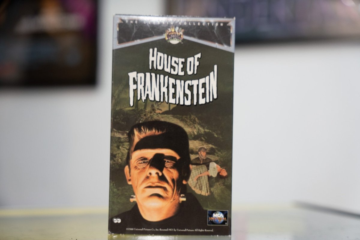 House of Frankenstein VHS Universal Classic Collection with green-toned close-up of Frankenstein Monster face white horror title lettering and MCA Universal logo