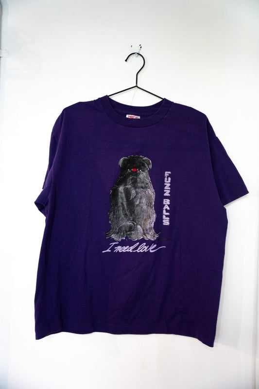 Deep purple I Need Love Fuzz Balls t-shirt with illustrated shaggy black dog red bow silver tones FUZZ BALLS vertical text and white cursive script size XL