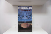 VHS Independence Day alien mothership beam White House blue energy INDEPENDENCE DAY angular white text dark sky