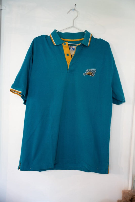 Teal Jacksonville Jaguars Starter polo shirt with gold button placket embroidered Jaguars logo and teal gold white striped collar and cuff trim size Large