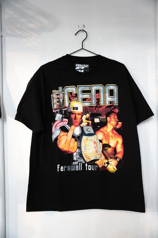 WWE John Cena Farewell Tour shirt, size XL, featuring printed graphics on dark fabric from wrestling merchandise collection