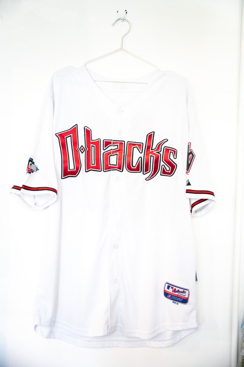 White Justin Upton Arizona Diamondbacks Majestic Authentic Collection jersey with Gothic Dbacks lettering and 2011 All-Star Game sleeve patch size 54