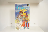 Super Famicom Lagoon box fantasy anime artwork hero golden armor red cape blonde woman wizard creatures Lagoon blue gold text KEMCO Nintendo