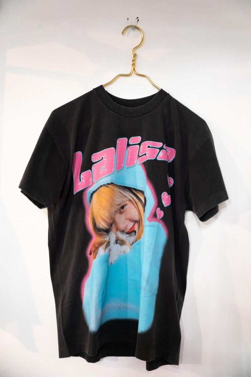 Faded black LaLisa BLACKPINK modern boot tee with photo of Lisa in blue hoodie holding cat and pink Lalisa lettering with hearts