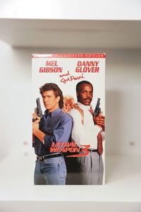 Lethal Weapon 3 VHS Widescreen Edition with Mel Gibson and Danny Glover back-to-back with guns, Joe Pesci peeking behind them
