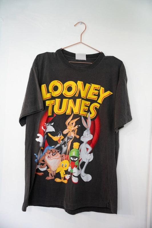 Faded charcoal Looney Tunes group t-shirt with yellow LOONEY TUNES title Bugs Bunny Daffy Tweety Taz Marvin red bullseye target size XL