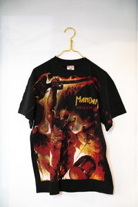 Black Manowar Hell on Stage tee with large fantasy art red demon warrior fire drums gold MANOWAR text Sof Tee tag size XL