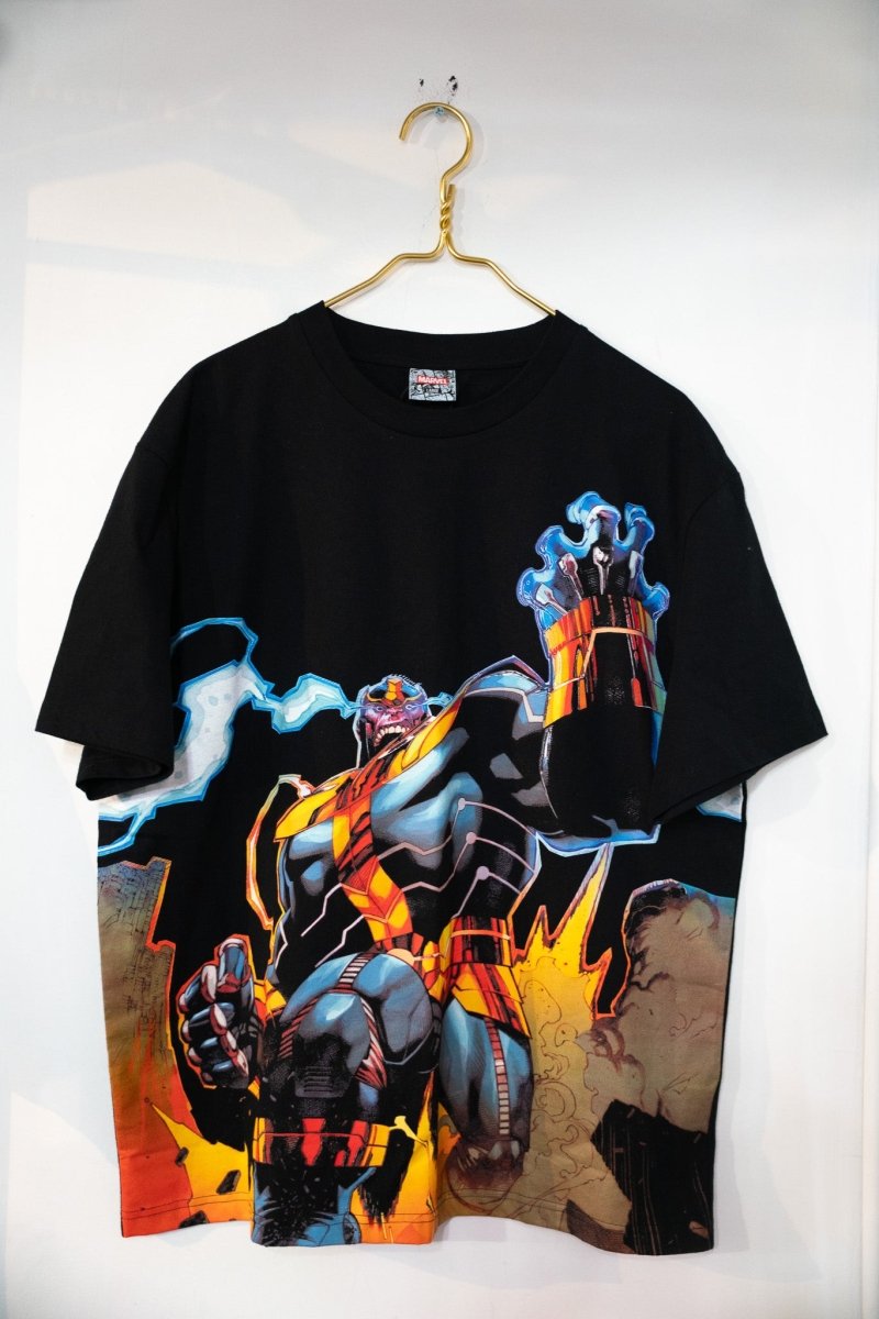 Black Marvel Thanos Shoe Palace tee with massive all-over comic book art of Thanos with Infinity Gauntlet and blue cosmic energy