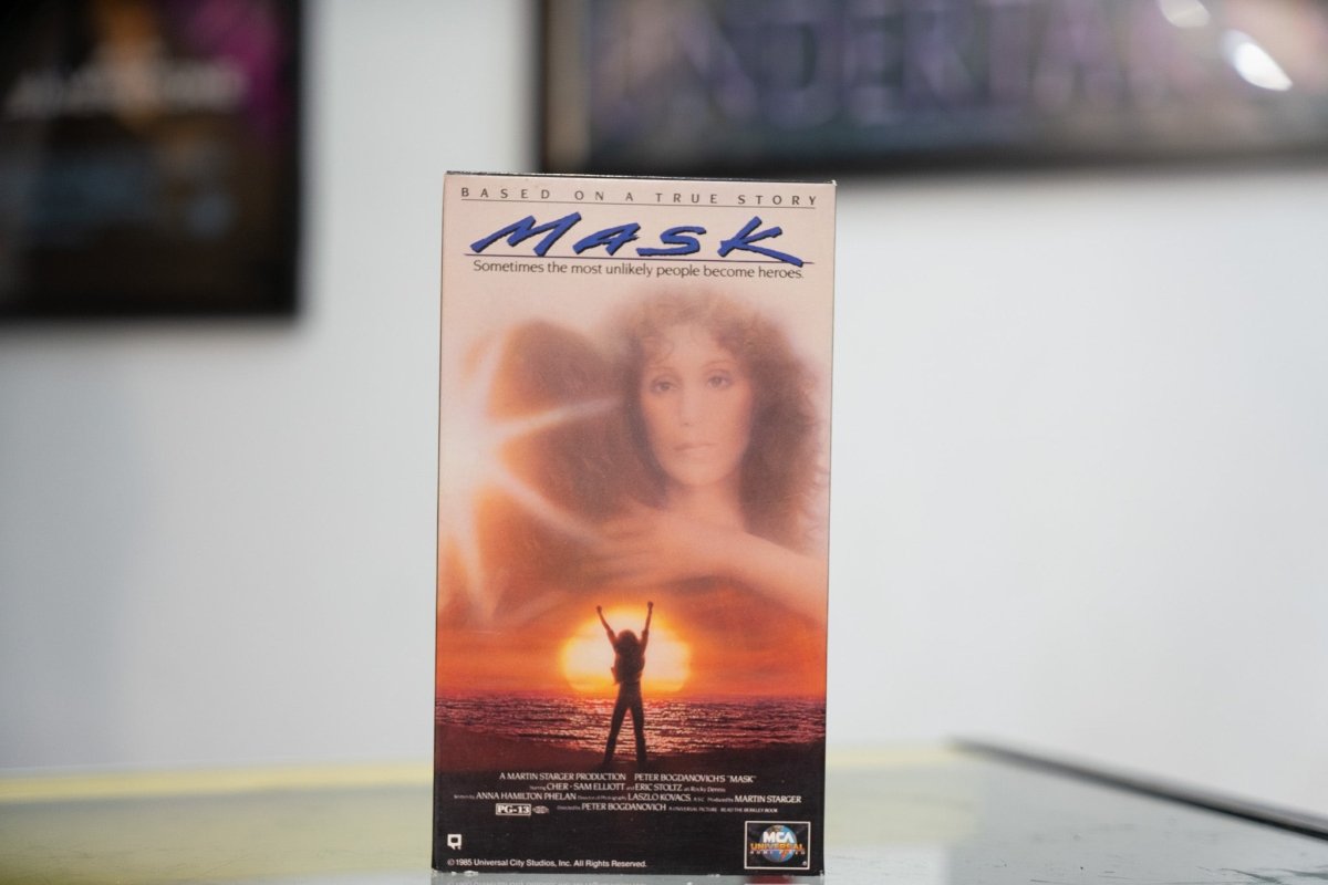 Mask VHS with Cher double-exposure portrait sunset silhouette figure blue MASK title Based On A True Story and MCA Universal logo