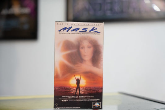 Mask VHS with Cher double-exposure portrait sunset silhouette figure blue MASK title Based On A True Story and MCA Universal logo