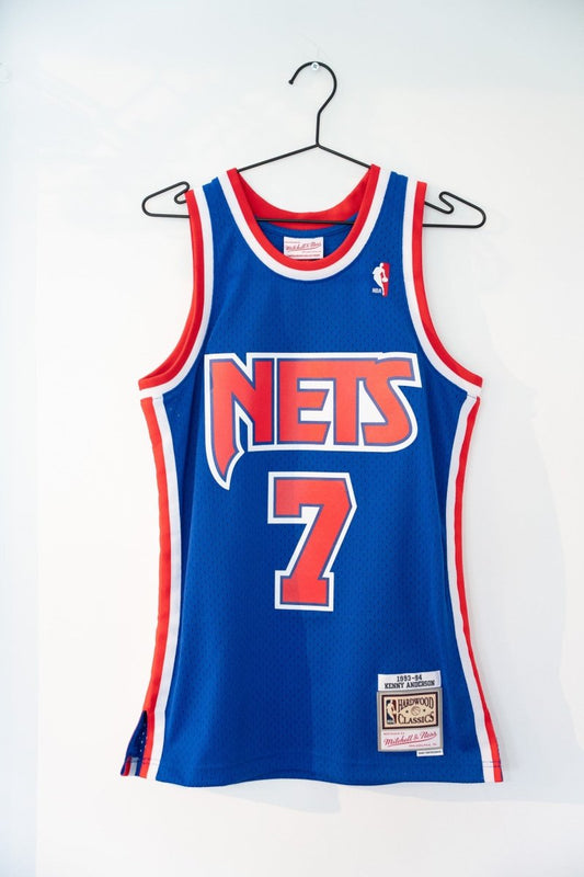 Royal blue Mitchell & Ness New Jersey Nets Kenny Anderson 7 Hardwood Classics basketball jersey 1993-94 red NETS text red white trim mesh size Small