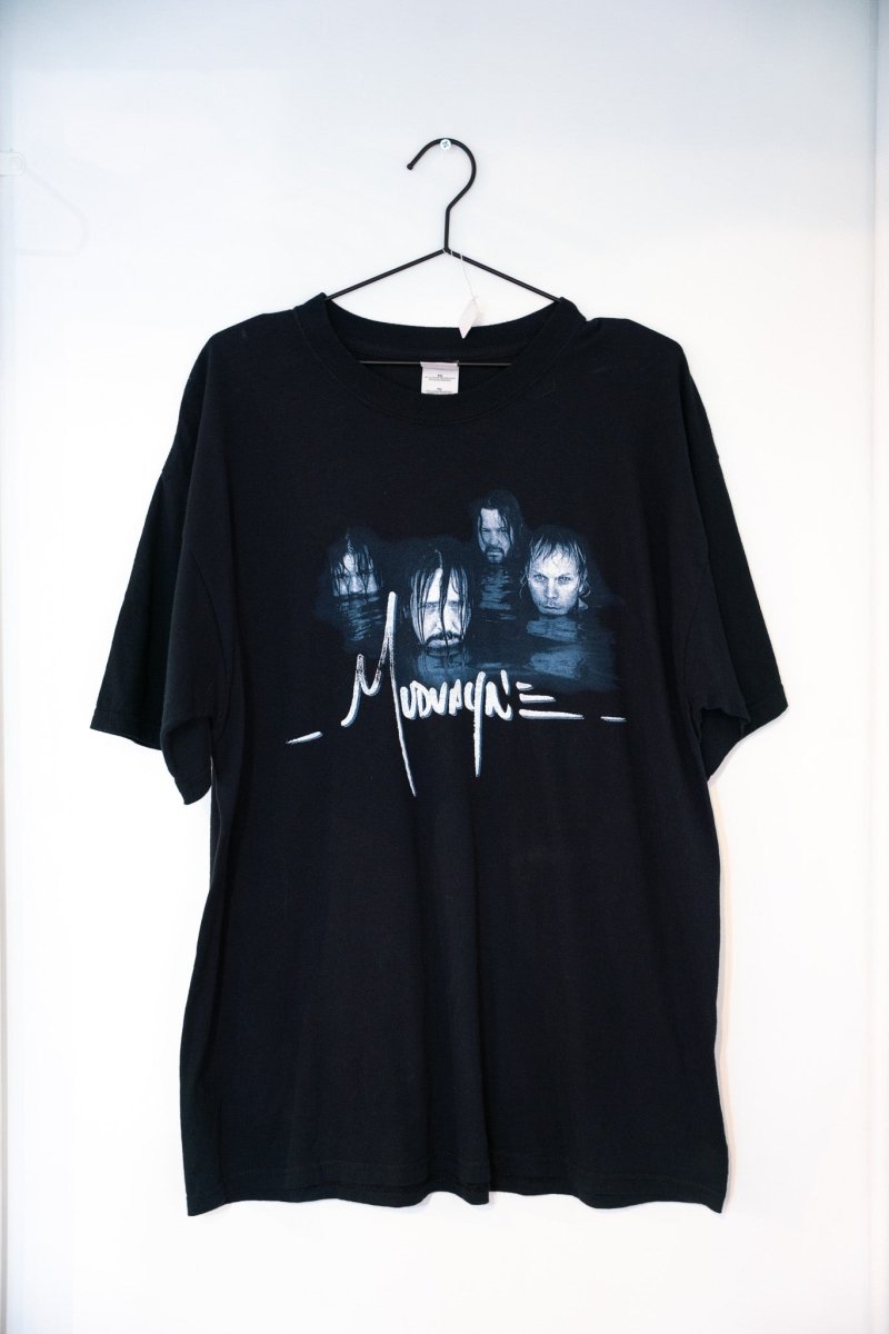 Black Mudvayne tee four band members submerged in dark water blue-gray palette white Mudvayne script text haunting atmospheric