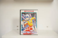 Nintendo Famicom Metro-Cross box teal border futuristic runner yellow jumpsuit blue helmet lightning bolt clock METRO-CROSS red white text namcot