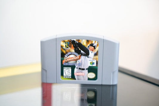 Nintendo 64 Major League Baseball Featuring Ken Griffey Jr cartridge gray Griffey Mariners batting stance MLB logo ESRB Everyone
