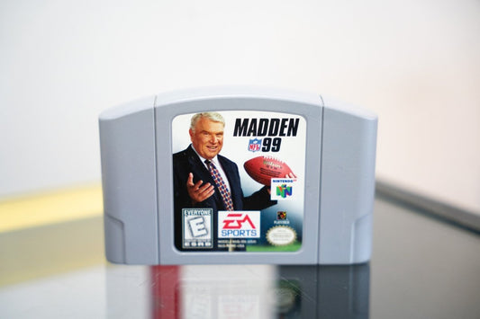 Nintendo 64 Madden NFL 99 cartridge gray with John Madden holding football suit NFL logo EA Sports Player's Choice ESRB Everyone