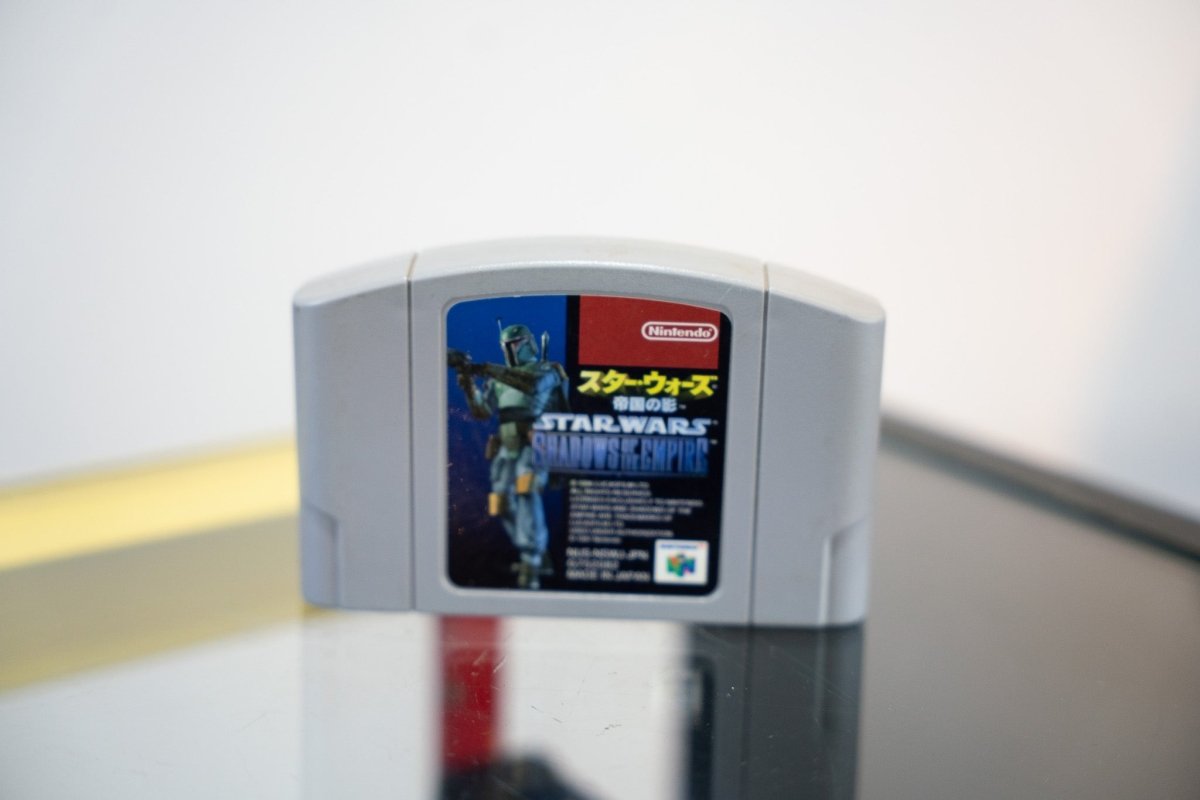 Nintendo 64 Star Wars Shadows of the Empire Japanese import cartridge gray with Boba Fett dark blue red label Japanese katakana text LucasArts
