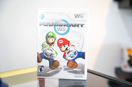 Nintendo Wii Mario Kart Wii game case Mario Luigi holding Wii Wheels racing cover art white case ESRB Everyone