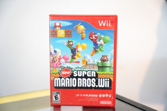 Nintendo Wii New Super Mario Bros Wii red case Mario Luigi Toads Yoshi jumping classic level cover art 4 players ESRB Everyone