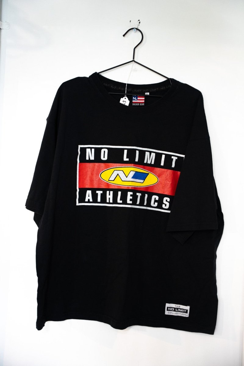 Black No Limit Athletics box logo tee with red and yellow NL oval emblem, white block lettering, and No Limit Collection hem patch