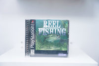 PlayStation Reel Fishing jewel case with underwater largemouth bass in green vegetation, Natsume Serious Fun logo, Kids to Adults rating