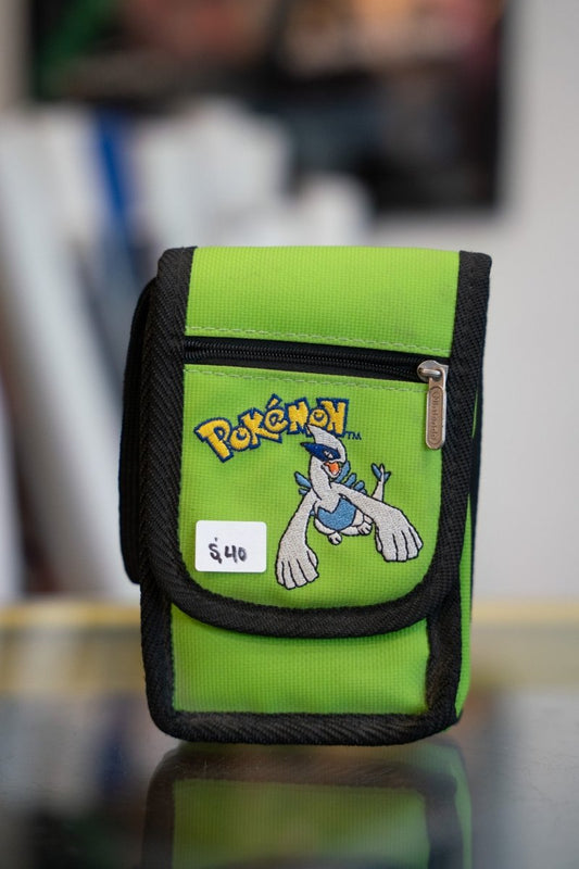 Green Pokemon Lugia Nintendo Game Boy carrying case with embroidered Lugia with outstretched wings and Pokemon logo on front flap