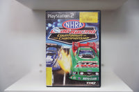 PS2 NHRA Drag Racing Countdown to the Championship case with two funny cars racing with flames, NHRA logo, THQ, $9.99 used sticker