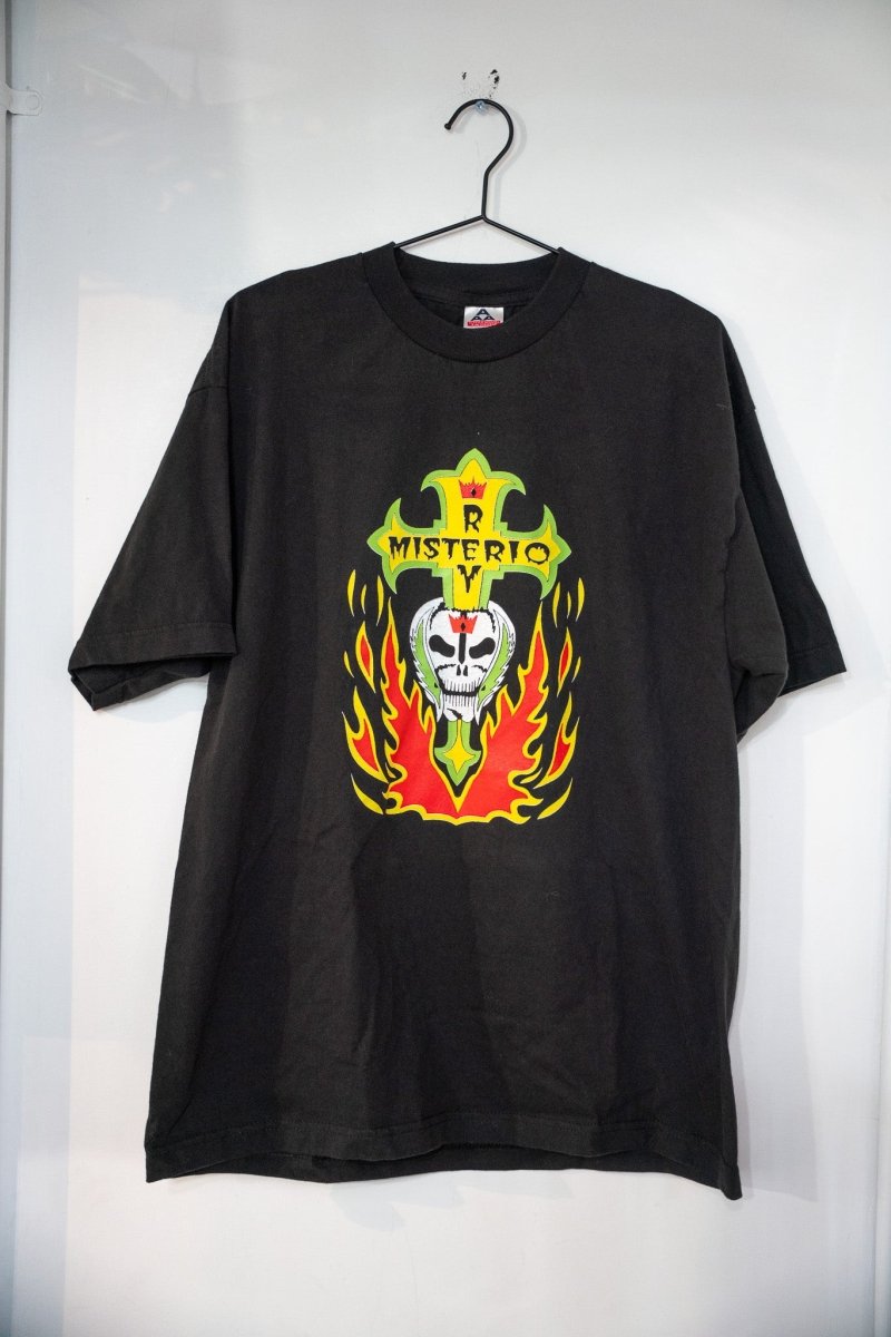 Black Rey Mysterio Misterio t-shirt with green gold ornate cross RV initials white skull in lucha mask and orange red flames on black size XL