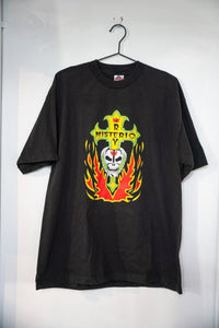 Black Rey Mysterio Misterio t-shirt with green gold ornate cross RV initials white skull in lucha mask and orange red flames on black size XL