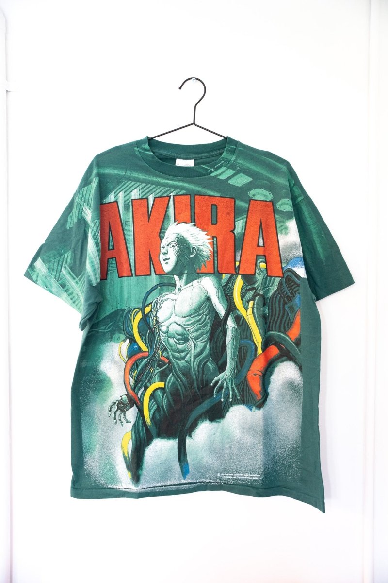 Green Akira all-over-print tee Tetsuo mutation scene red AKIRA text Neo-Tokyo cityscape Screen Stars Best single stitch anime graphic size Large