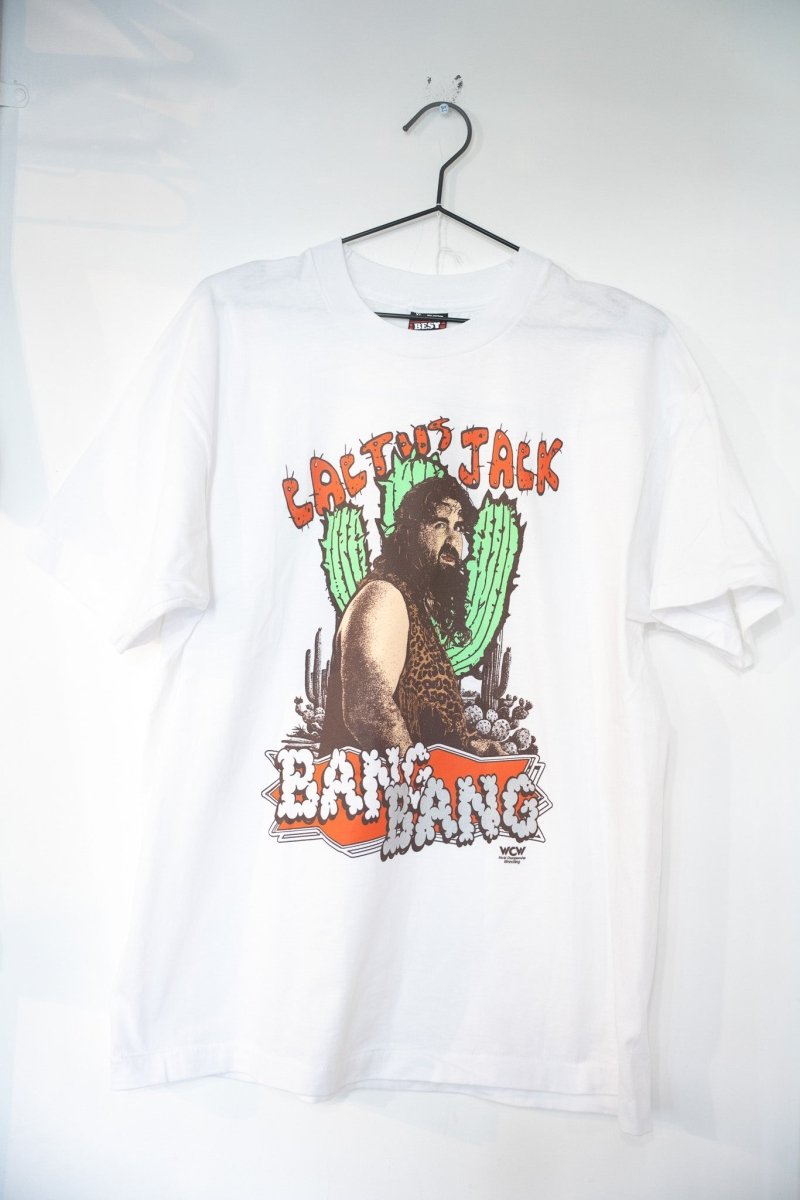 White WCW Cactus Jack Bang Bang t-shirt with Mick Foley in leopard singlet surrounded by cacti and orange cactus-style lettering size XL