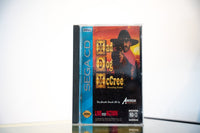 Sega CD Mad Dog McCree game complete in tall case blue spine outlaw black hat revolver sunset Mad Dog McCree Western text American Laser Games MA-13
