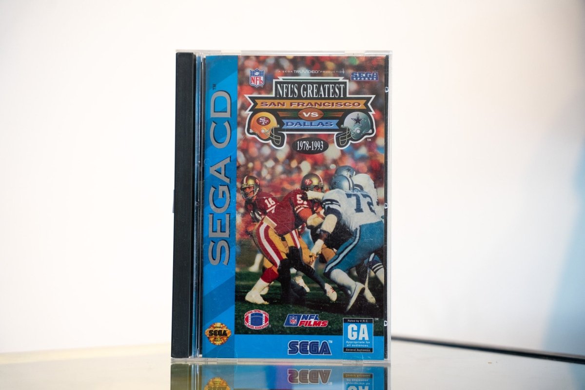 Sega CD NFL's Greatest San Francisco vs Dallas game complete in tall case 49ers Cowboys action photos helmet logos NFL Films Sega Sports GA rating