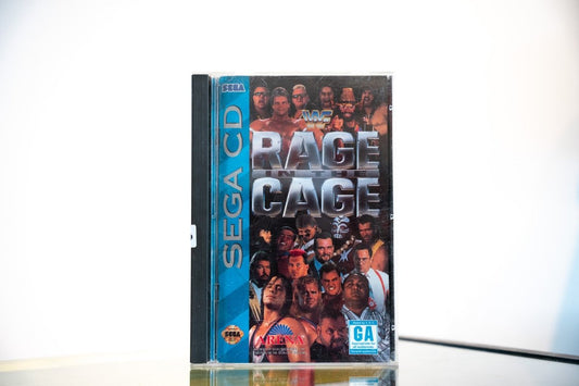 Sega CD WWF Rage in the Cage game complete in tall case blue spine WWF superstars collage RAGE IN THE CAGE metallic 3D text Arena GA rating
