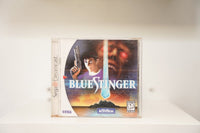 Sega Dreamcast Blue Stinger jewel case anime man gun red eye face blue beam island BLUE STINGER text Activision Sega Mature