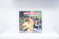 Sega Dreamcast Eighteen Wheeler American Pro Trucker jewel case with red 18-wheeler truck and fiery explosion, Sega logo, Everyone rating