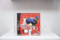 Sega Dreamcast World Series Baseball 2K1 jewel case with Red Sox pitcher in delivery on red background, Sega Sports logo, MLB and MLBPA logos