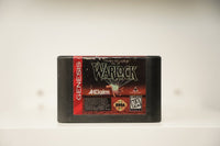 Sega Genesis Warlock cartridge with glowing magical hand on dark red background, green gothic Warlock text, Acclaim and Trimark logos