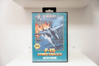 Sega Genesis F-15 Strike Eagle II case with painted F-15 fighter jets in combat, explosions below, MicroProse logo, Sega Genesis 16-Bit banner