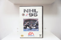 Sega Genesis NHL 95 case with hockey goalie making save, NHL and NHLPA logos, EA Sports logo, case shows wear and scuffing