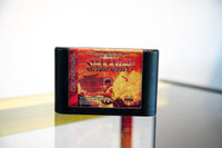Sega Genesis Samurai Shodown cartridge black with fiery label samurai warrior burning temple SAMURAI SHODOWN gold text Takara SNK 1994