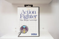 Sega Master System Action Fighter clamshell case with magnifying glass road illustration, The Mega Cartridge subtitle, some cover discoloration