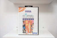 Sega Master System California Games clamshell case with surfer, skateboarders, and BMX riders, Epyx logo, Sports category banner