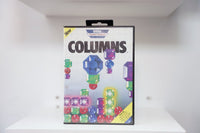 Sega Master System Columns clamshell case with colorful cascading gemstones, 8-Bit Cartridge banner, New badge, Plays On compatibility badge