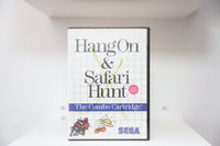 Sega Master System Hang On and Safari Hunt clamshell case with motorcycle and safari hat illustrations, Light Phaser Series badge, Combo Cartridge