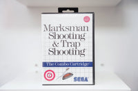 Sega Master System Marksman Shooting and Trap Shooting clamshell case with target and clay pigeon illustrations, Light Phaser Series badge