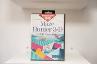 Sega Master System Maze Hunter 3-D clamshell case with colorful isometric maze illustration, red SegaScope 3-D badge, 3-D Glasses Required note