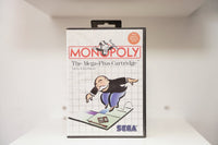 Sega Master System Monopoly clamshell case with Mr. Monopoly striding across GO square, Mega-Plus Cartridge, Battery Back-Up RAM badge